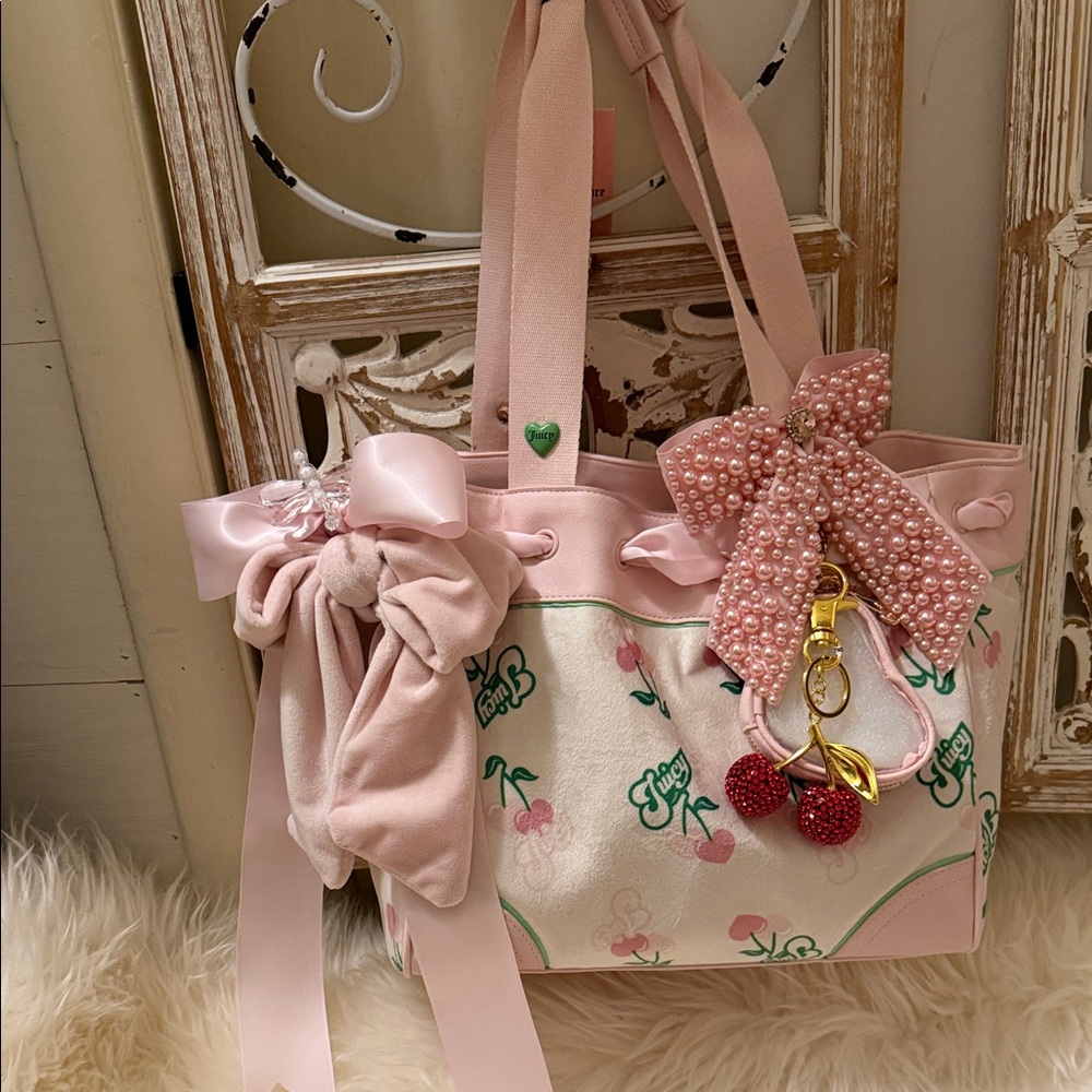 Elegant Retro Juicy Pink and White Cherry Tote with  rhinestones and bow Accents